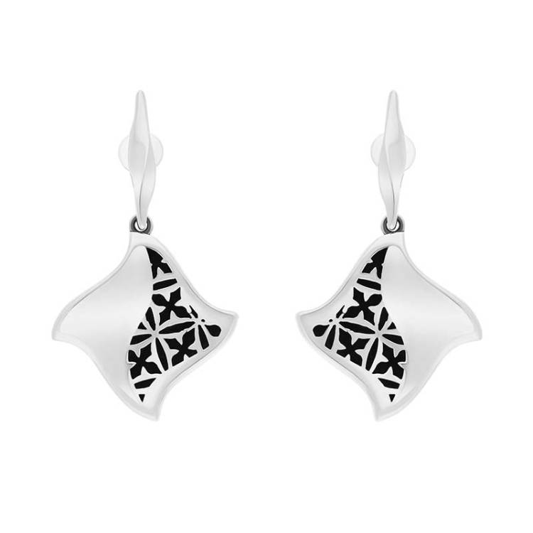 Sterling Silver Whitby Jet Filigree Gothic Square Drop Earrings - Silver