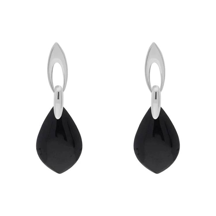 Sterling Silver Whitby Jet Flat Pear Shaped Drop Earrings - Silver