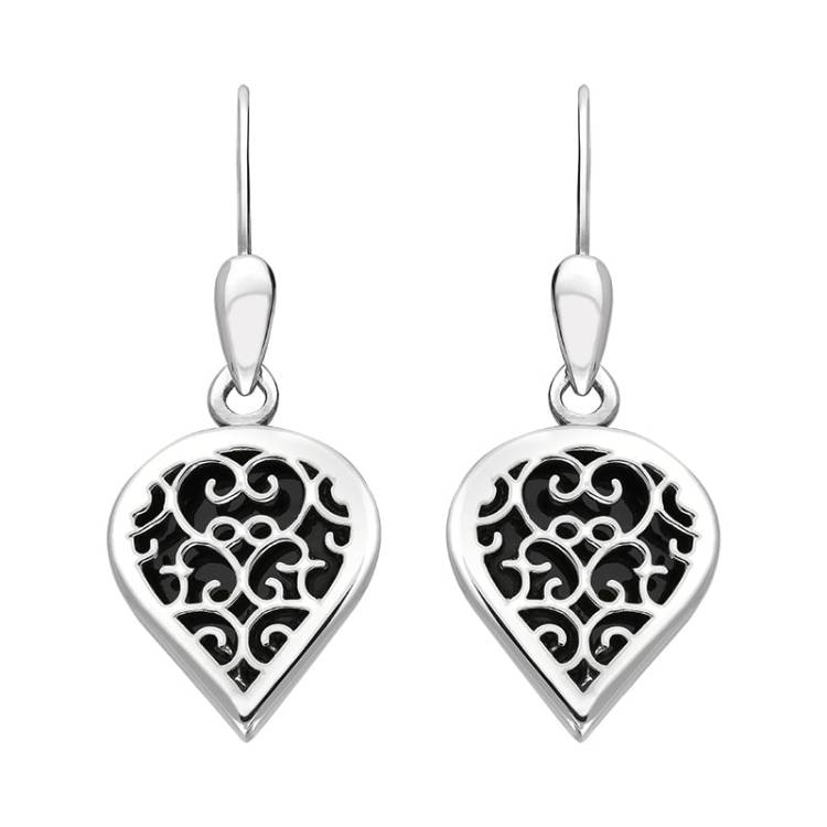 Sterling Silver Whitby Jet Flore Filigree Heart Drop Earrings