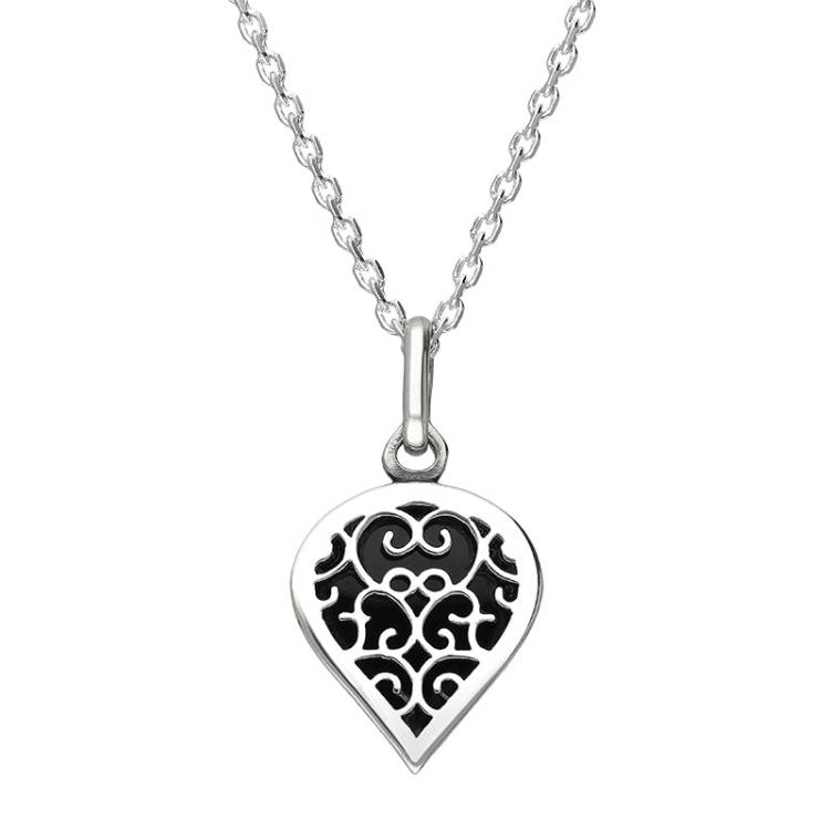 Sterling Silver Whitby Jet Flore Filigree Small Heart Necklace