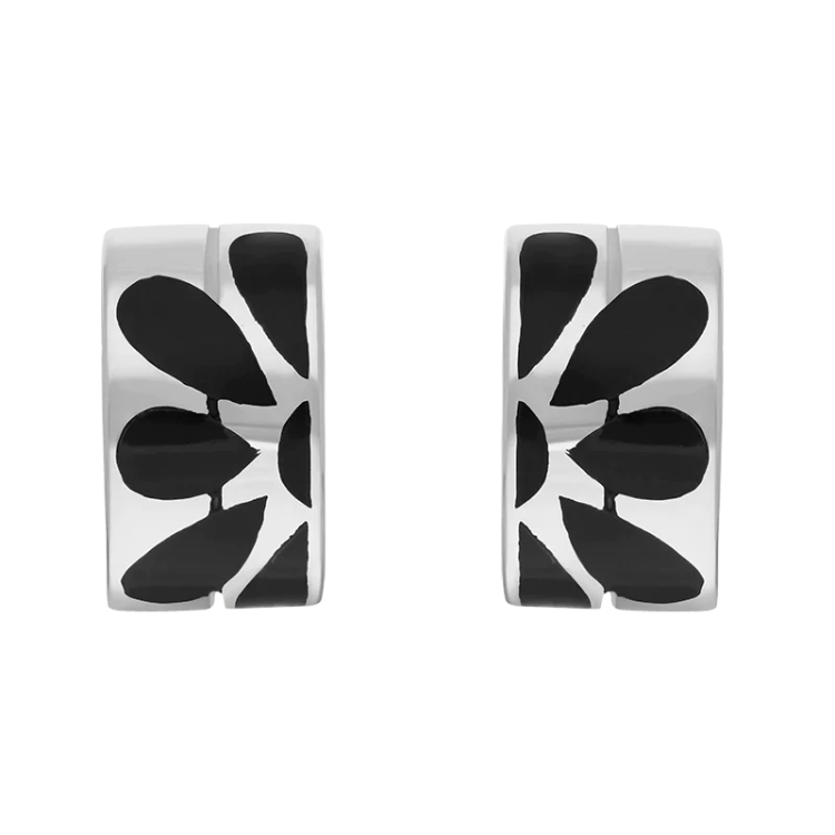 Sterling Silver Whitby Jet Flower Inlaid Wavy Open Hoop Stud Earrings D - Silver
