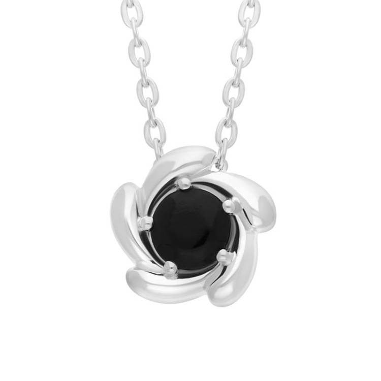 Sterling Silver Whitby Jet Flower Necklace - Silver