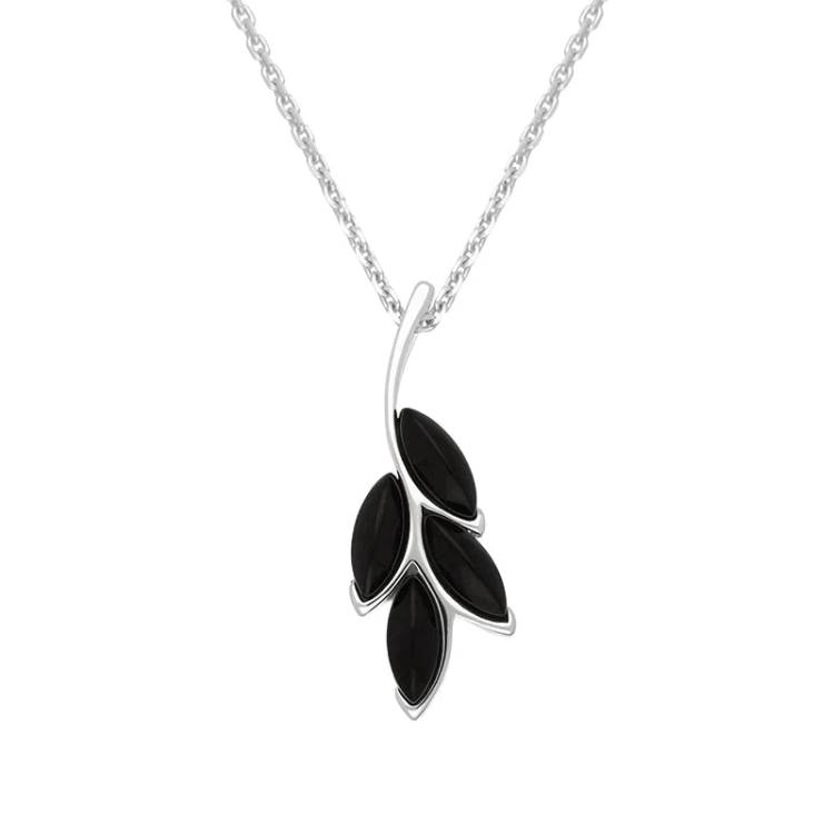 Sterling Silver Whitby Jet Four Leaf Necklace - Silver