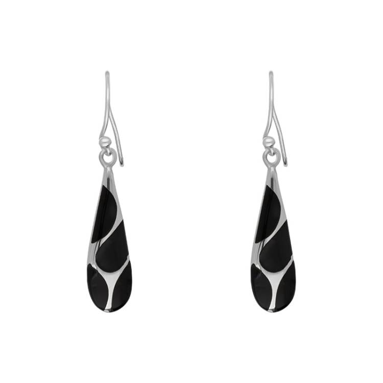 Sterling Silver Whitby Jet Four Stone Slim Tear Drop Earrings - Silver