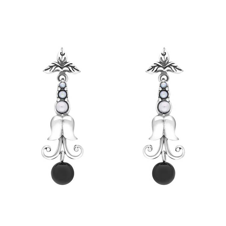 Sterling Silver Whitby Jet Freshwater Pearl Scrollwork Drop Earrings - Silver