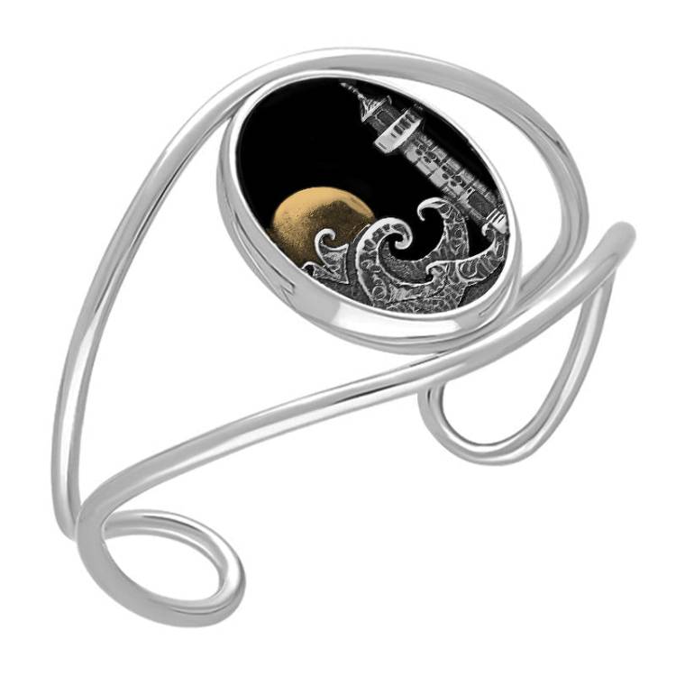 Sterling Silver Whitby Jet Gold Plated Moon Whitby Lighthouse Cuff Bangle - Silver
