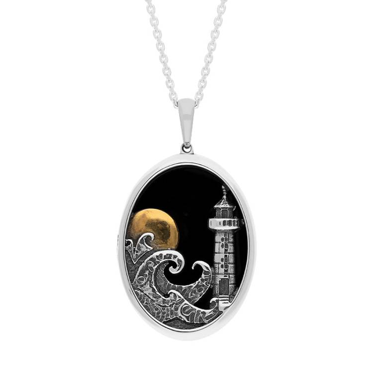 Sterling Silver Whitby Jet Gold Plated Moon Whitby Lighthouse Oval Necklace - Silver