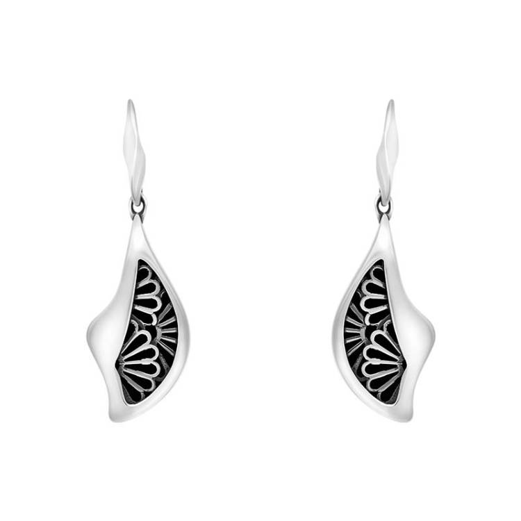 Sterling Silver Whitby Jet Gothic Filigree Fan Drop Earrings - Silver