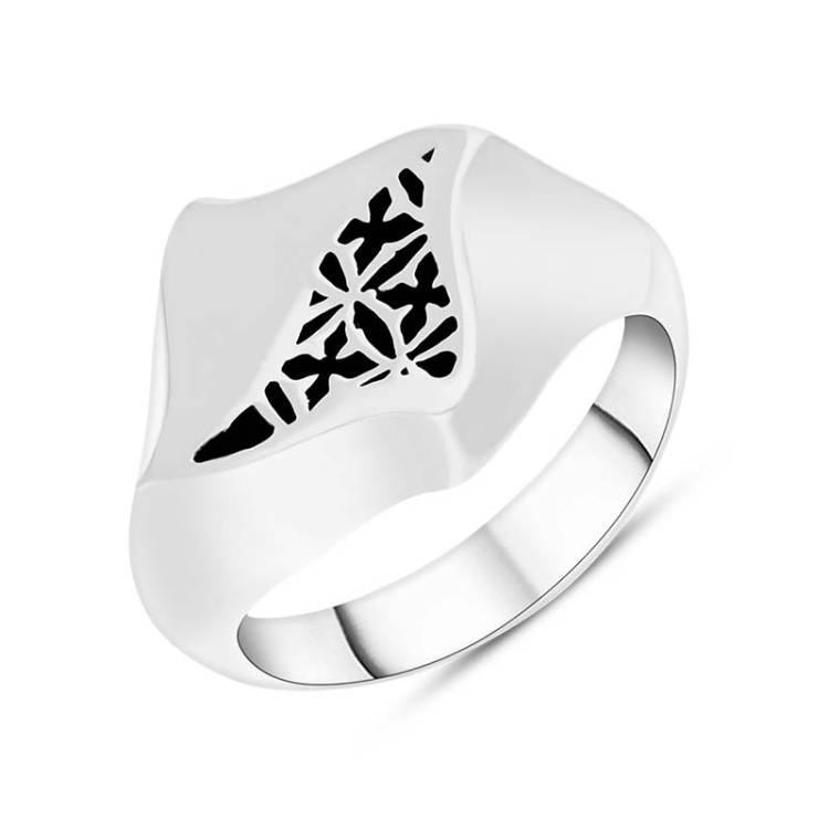 Sterling Silver Whitby Jet Filigree Square Ring - Silver
