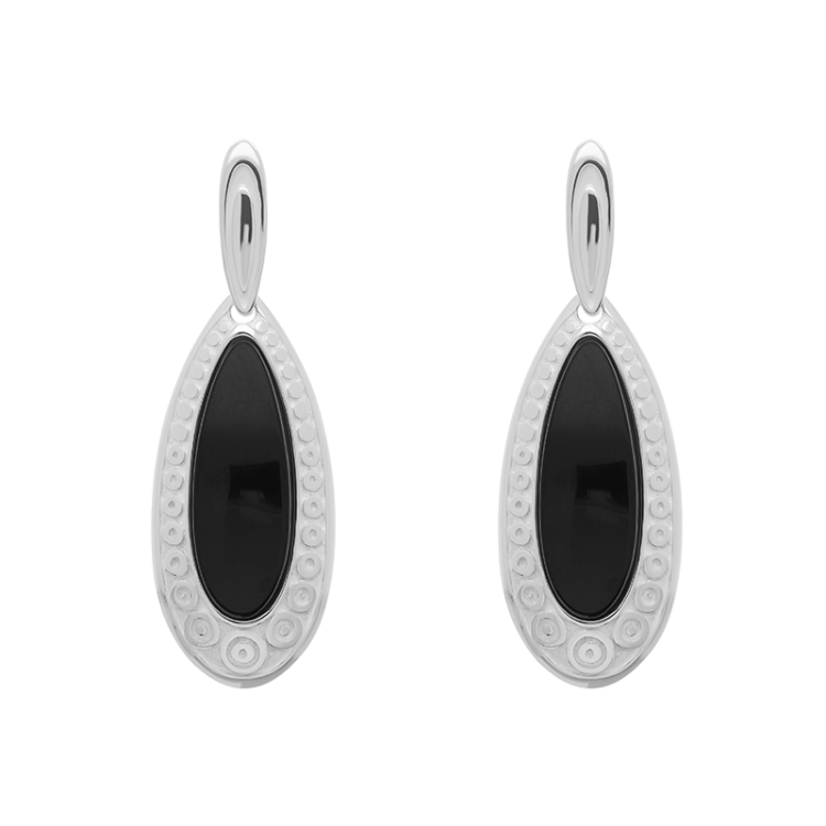 Sterling Silver Whitby Jet Graduated Pear Drop Earrings - Silver