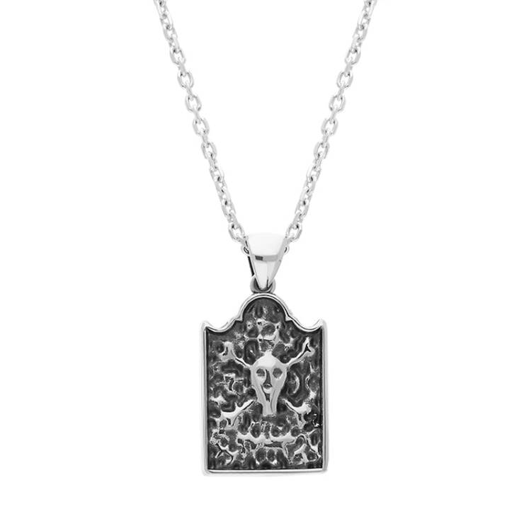 Sterling Silver Whitby Jet Gravestone Skull and Crossbones Large Pendant - Silver