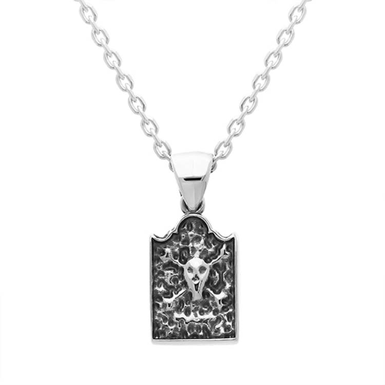 Sterling Silver Whitby Jet Gravestone Skull and Crossbones Small Pendant - Silver