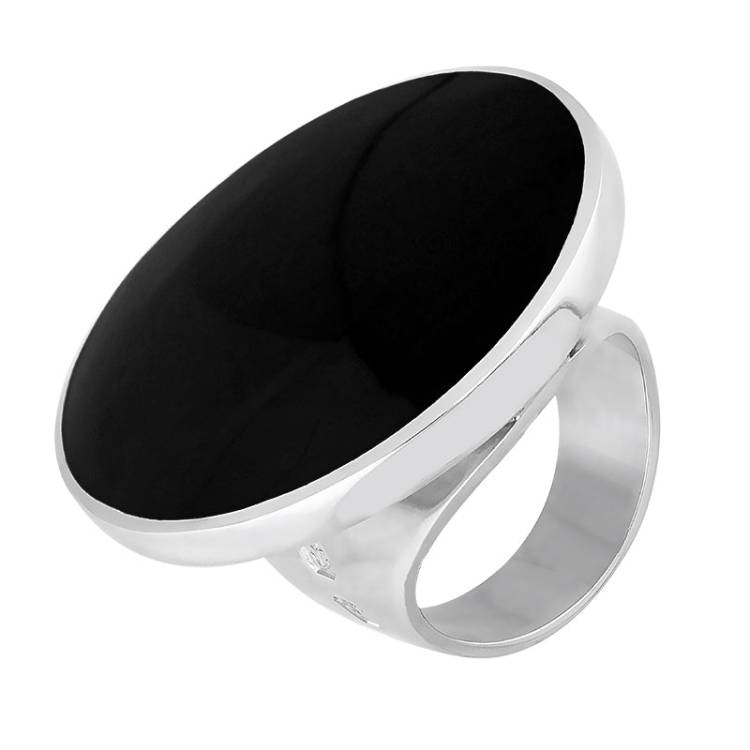 Sterling Silver Whitby Jet Hallmark Large Round Ring - Silver