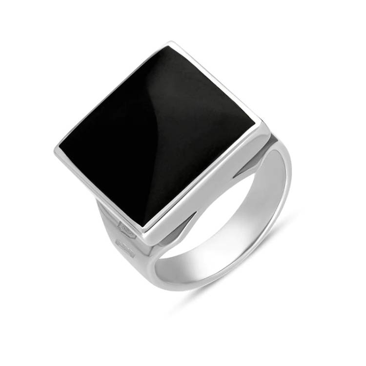 Sterling Silver Whitby Jet Hallmark Small Square Ring - Silver