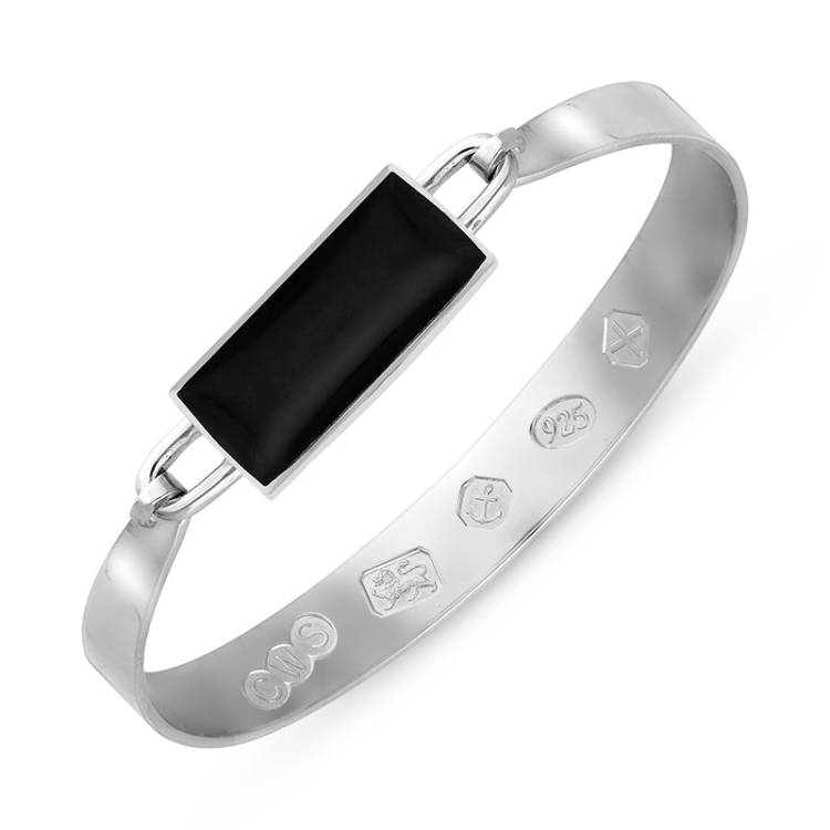 Sterling Silver Whitby Jet Hallmark Wide Oblong Bangle - Silver