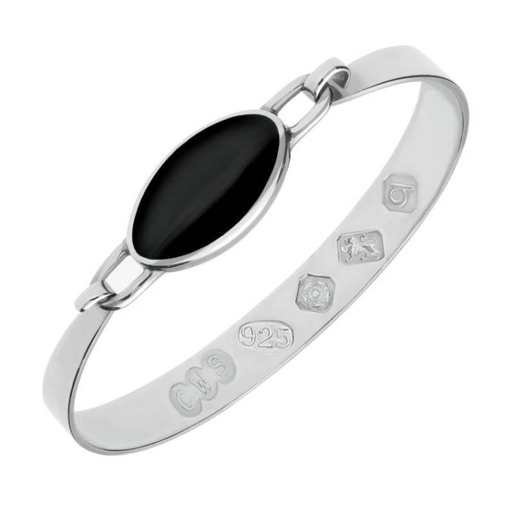 Sterling Silver Whitby Jet Hallmark Wide Oval Bangle - Silver
