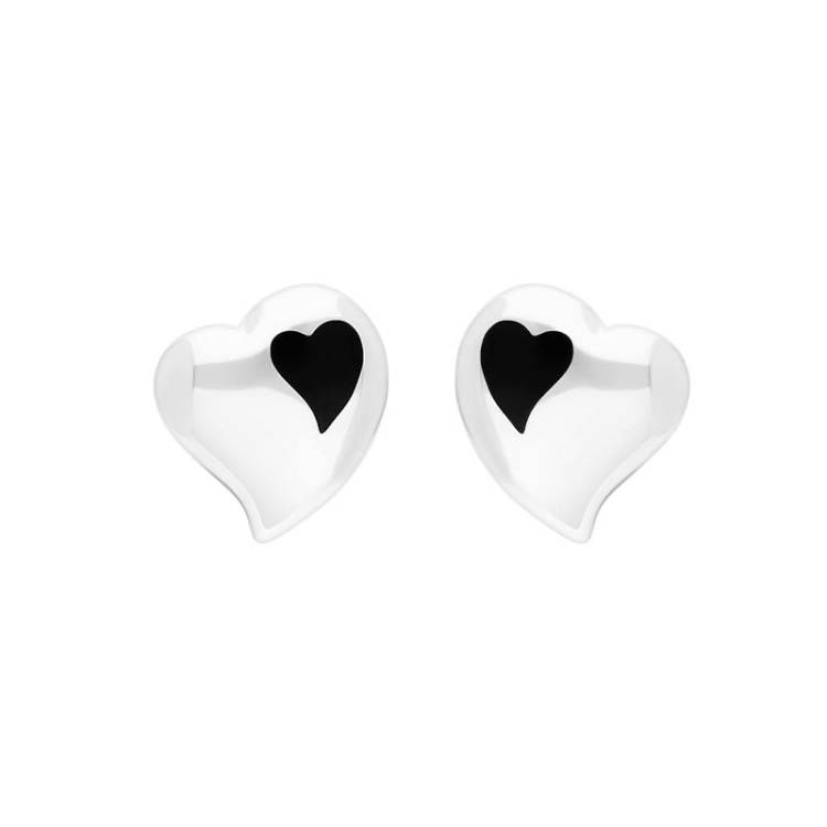 Sterling Silver Whitby Jet Heart Earrings - Silver