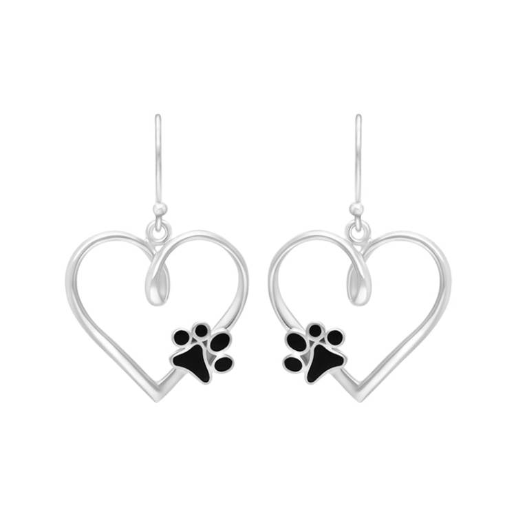Sterling Silver Whitby Jet Heart Paw Print Earrings - Silver