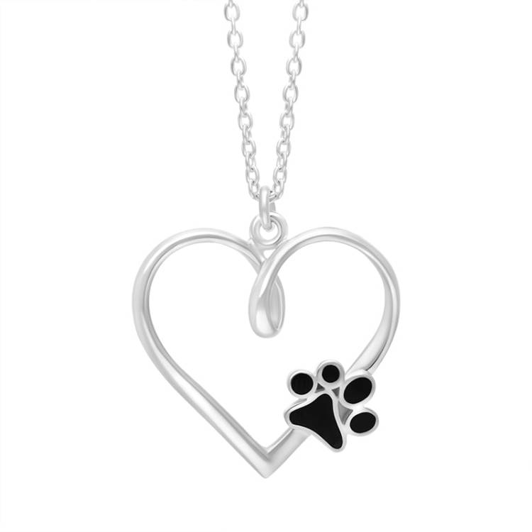 Sterling Silver Whitby Jet Heart Paw Print Necklace - Silver