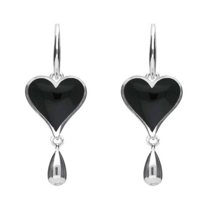 Sterling Silver Whitby Jet Heart Teardrop Drop Hook Earrings - Silver