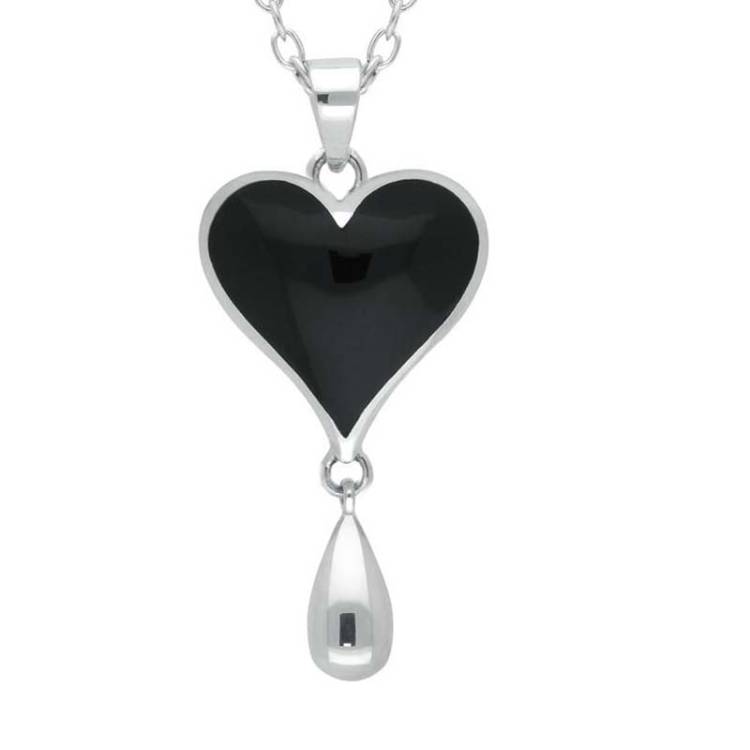 Sterling Silver Whitby Jet Heart Teardrop Necklace - Silver