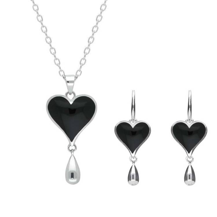 Sterling Silver Whitby Jet Heart Two Piece Set - Silver