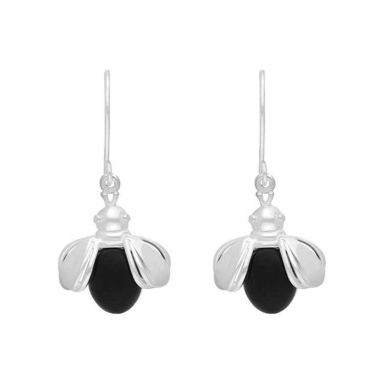 Sterling Silver Whitby Jet Ladybird Open Wing Hook Earrings