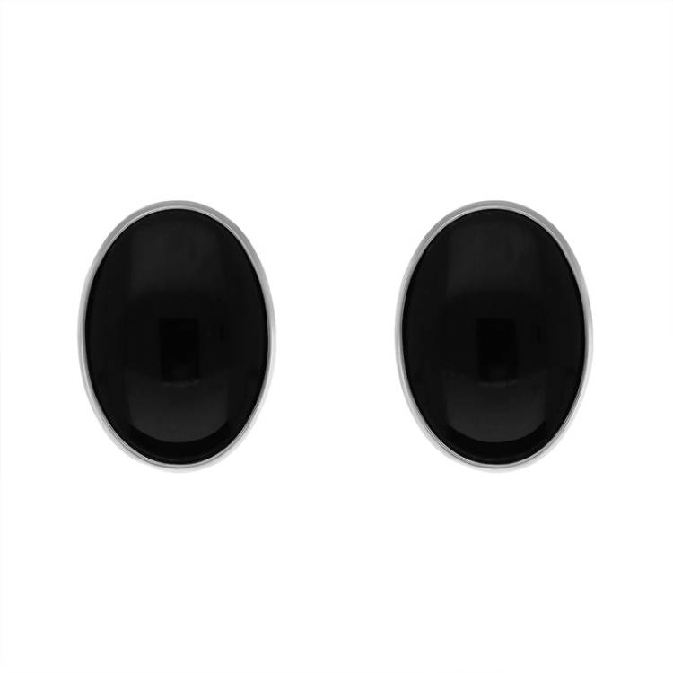 Sterling Silver Whitby Jet Large Oval Stud Earrings - Silver