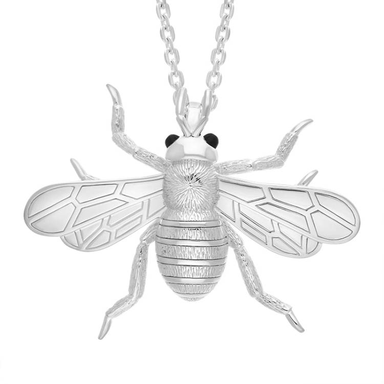 Sterling Silver Whitby Jet Large Bee Necklace - Silver