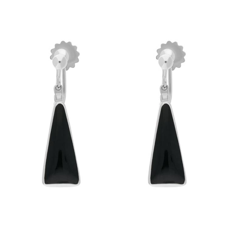 Sterling Silver Whitby Jet Long Triangle Clip On Drop Earrings - Silver