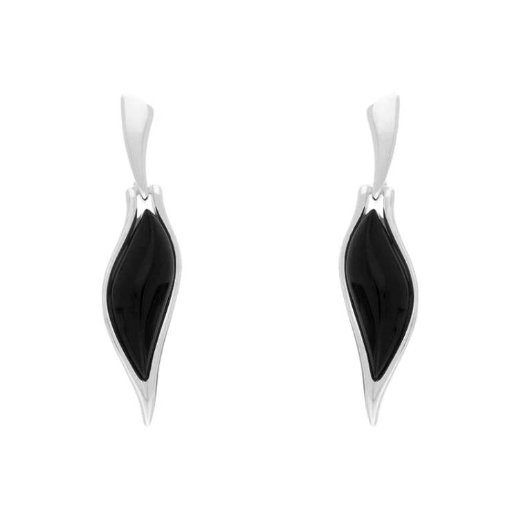 Sterling Silver Whitby Jet Long Wavy Marquise Drop Earrings - Silver