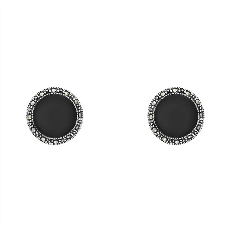 Sterling Silver Whitby Jet Marcasite Domed Stud Earrings D - Silver