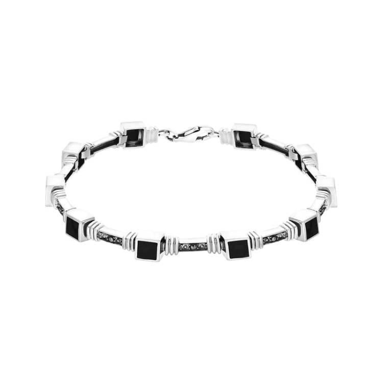 Sterling Silver Whitby Jet Marcasite Square Stone Bracelet - Silver