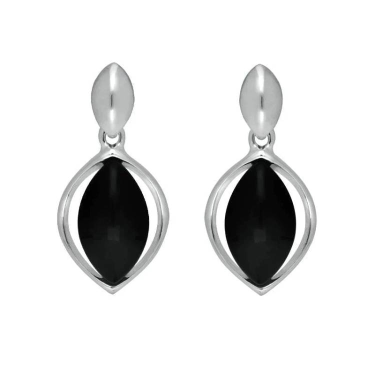 Sterling Silver Whitby Jet Marquise Centre Drop Earrings