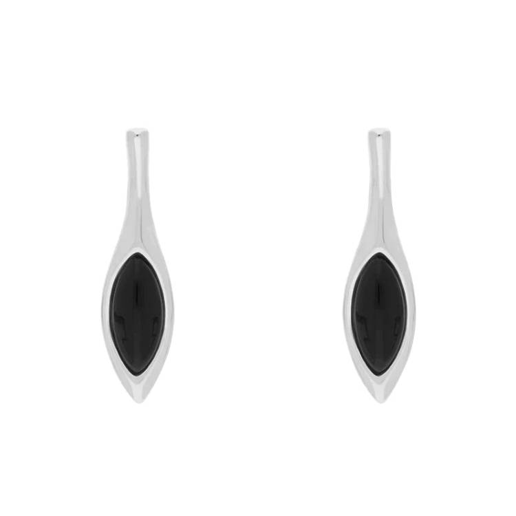 Sterling Silver Whitby Jet Marquise Drop Stud Earrings - Silver