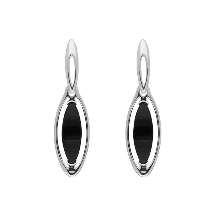 Sterling Silver Whitby Jet Marquise Open Edge Drop Earrings - Silver