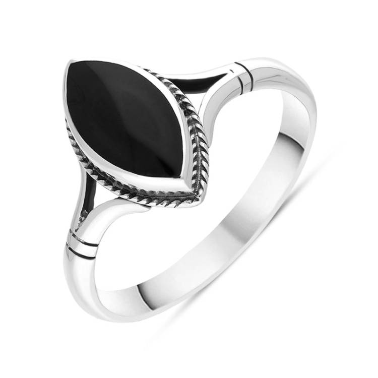 Sterling Silver Whitby Jet Marquise Shaped Rope Detail Ring