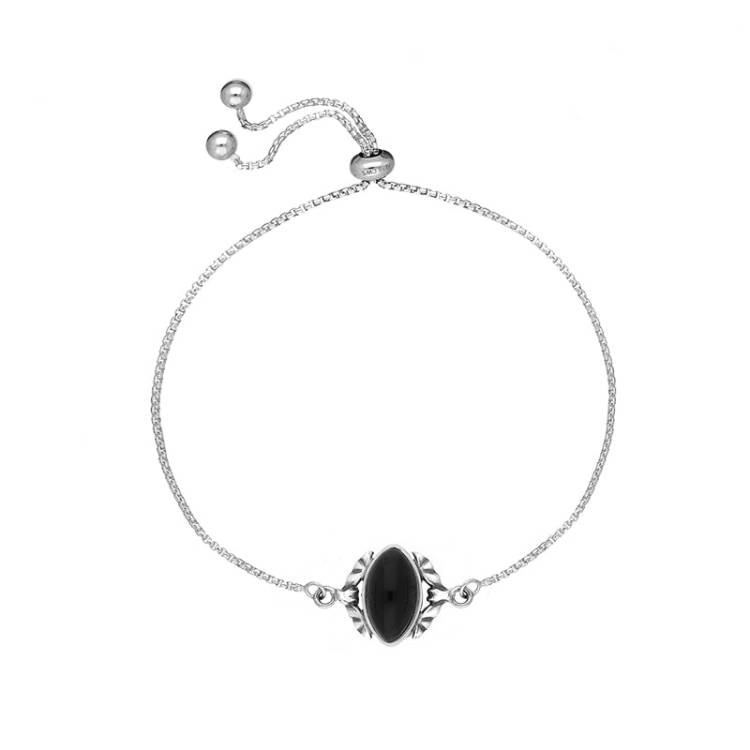 Sterling Silver Whitby Jet Marquise Stone Bat Adjustable Bracelet - Silver