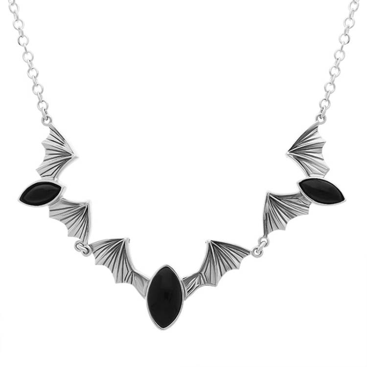 Sterling Silver Whitby Jet Marquise Stone Bat Necklace - Silver