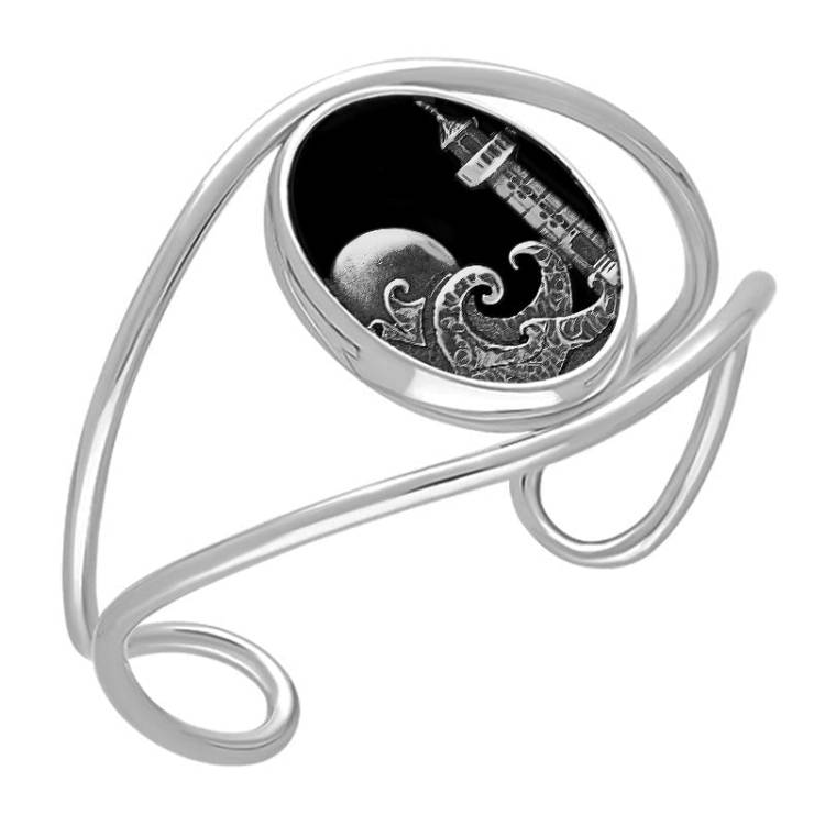 Sterling Silver Whitby Jet Whitby Lighthouse Cuff Bangle - Silver