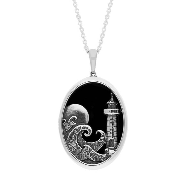 Sterling Silver Whitby Jet Whitby Lighthouse Oval Necklace - Silver