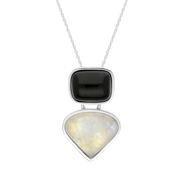 Sterling Silver Whitby Jet Moonstone Cushion Two Stone Necklace - Silver