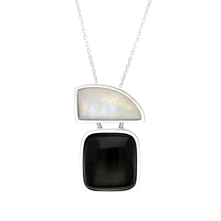 Sterling Silver Whitby Jet Moonstone Sail Cushion Two Stone Necklace - Silver