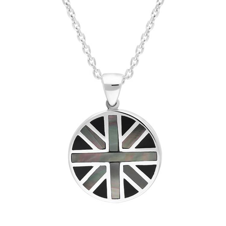 Sterling Silver Whitby Jet Mother Of Pearl Small Round Double Sided Union Jack Pendant