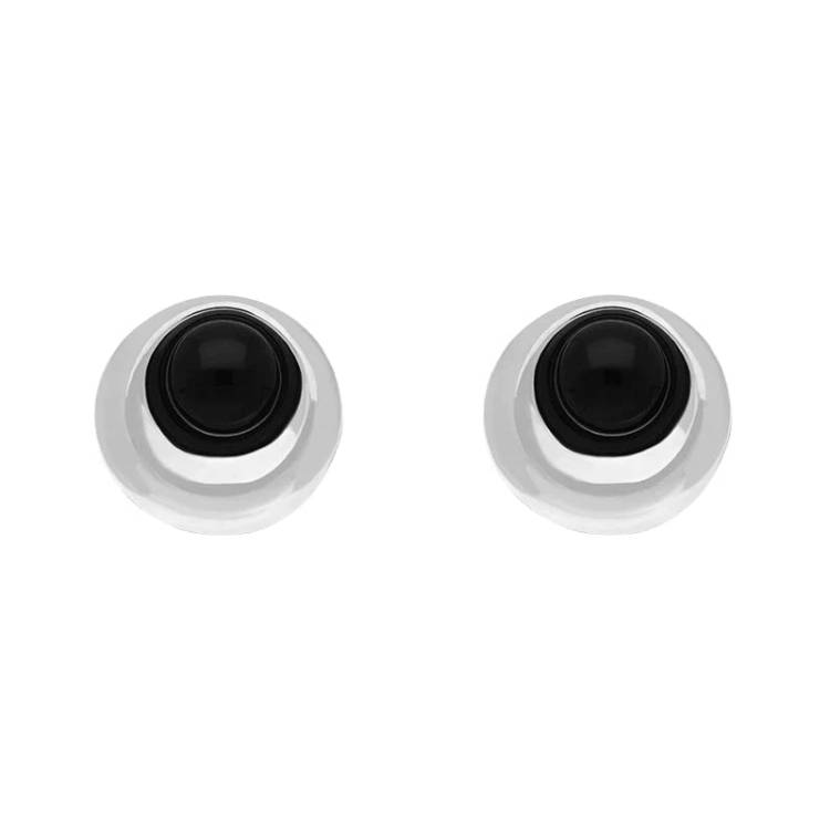 Sterling Silver Whitby Jet Offset Round Bead Stud Earrings - Silver
