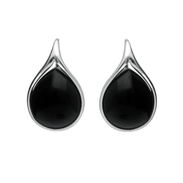 Sterling Silver Whitby Jet Open Edge Pear Drop Earrings