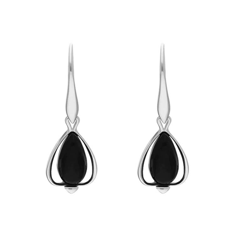 Sterling Silver Whitby Jet Open Side Pear Drop Earrings
