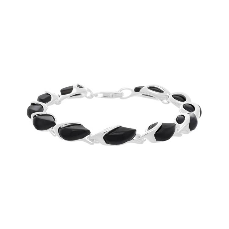 Sterling Silver Whitby Jet Open Top Leaf Bracelet - Silver