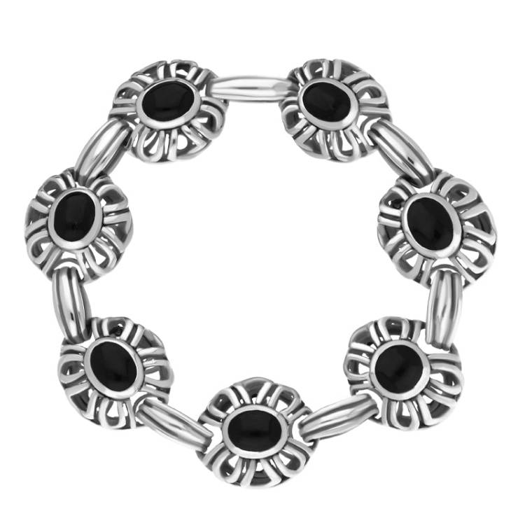 Sterling Silver Whitby Jet Openwork Bracelet D - Silver