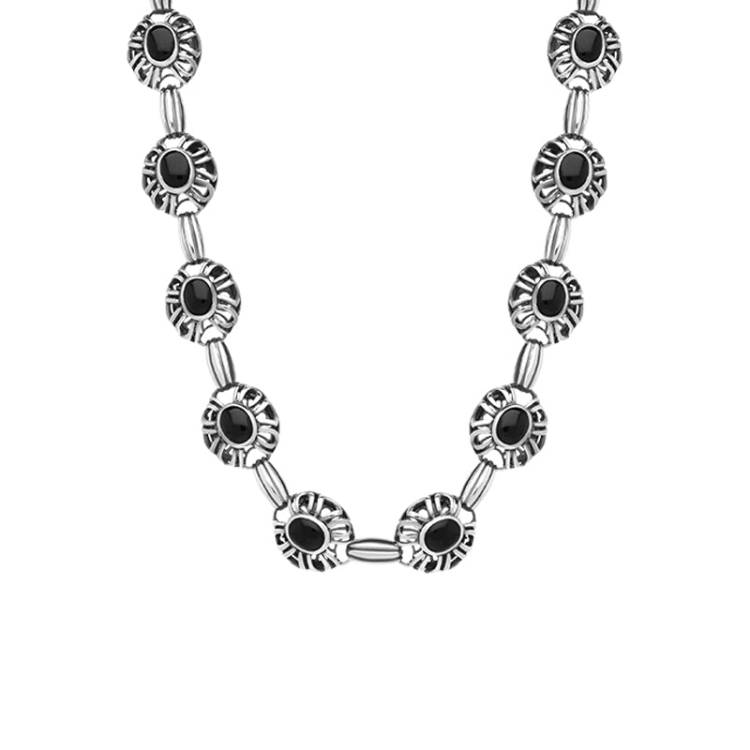 Sterling Silver Whitby Jet Openwork Necklace D - Silver